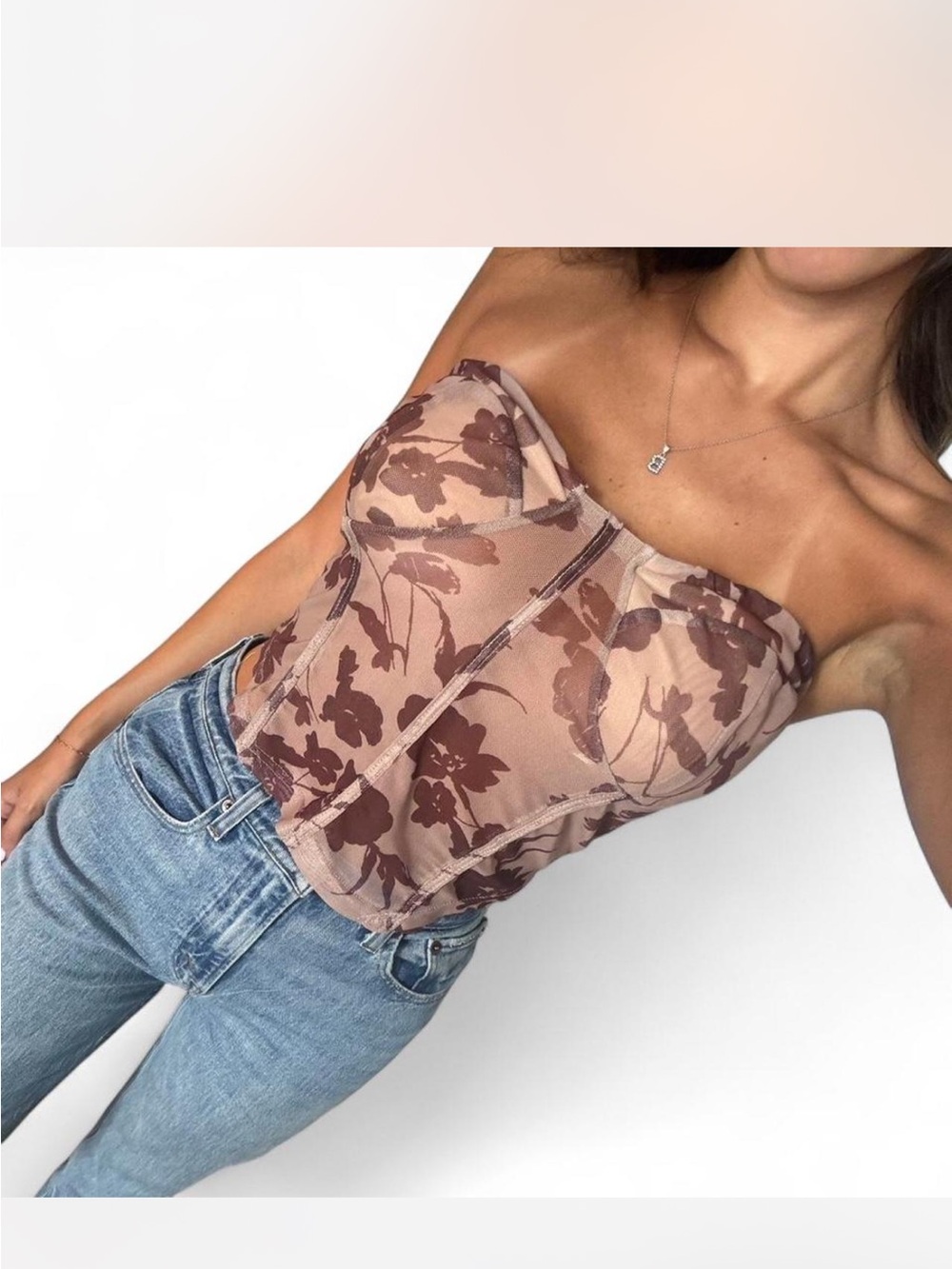 Princess Polly Brown Floral Strapless Mesh Corset Top